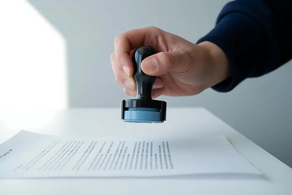 Traducteur assermenté avec cachet officiel et signature sur une traduction